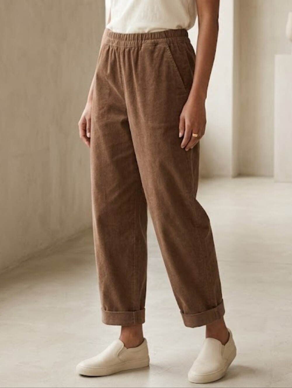 KOTN Corduroy Pull On Unisex Brown Tapered Pant Trouser Sz XXS Lagenlook Size